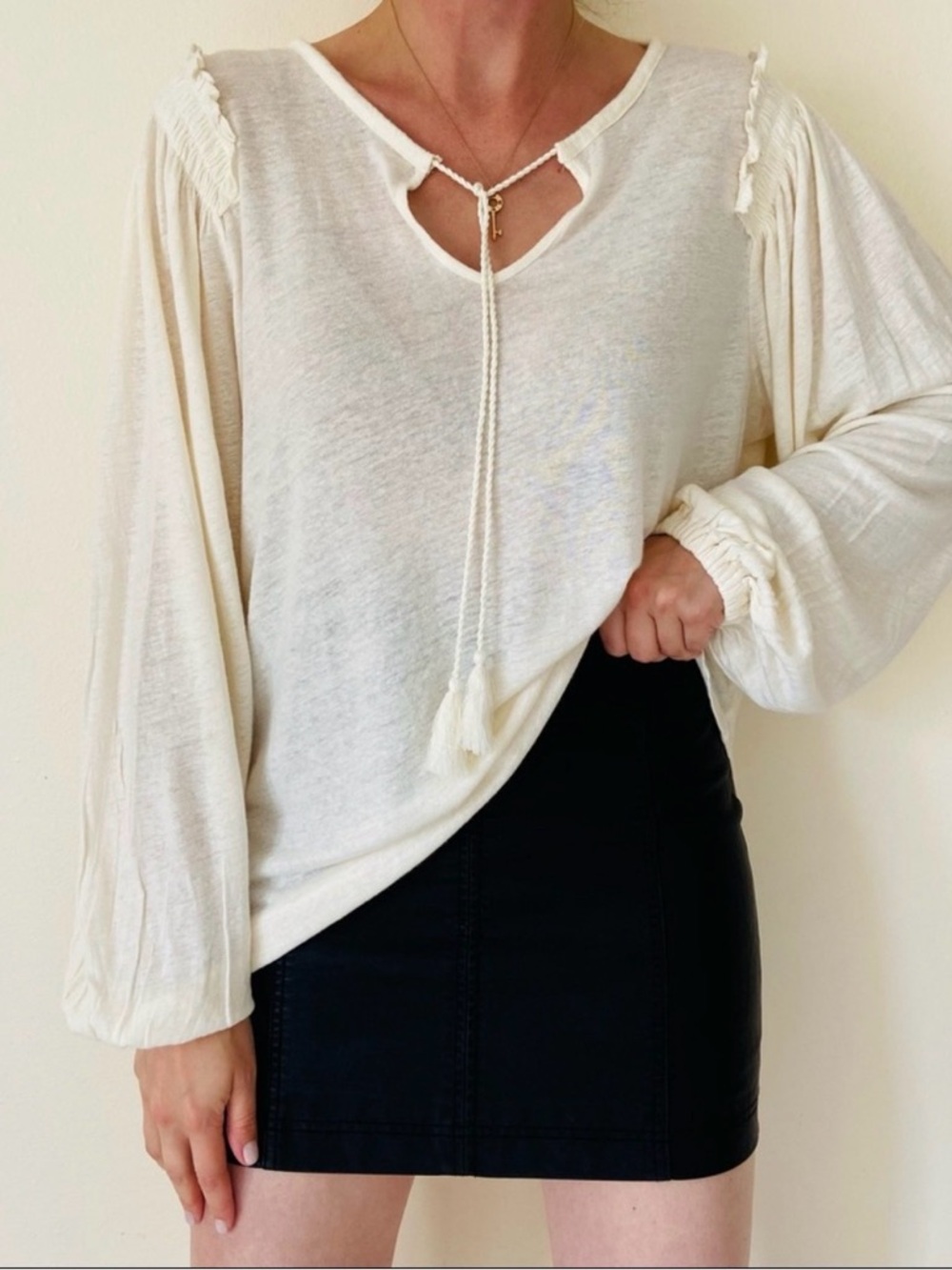 Lauren Ralph Lauren Ruffle-Trim Linen-Blend Boho oversized Top Medium